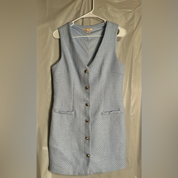 BeBop Light Blue Textured Mini Dress with Gold Buttons - Picture 1 of 3